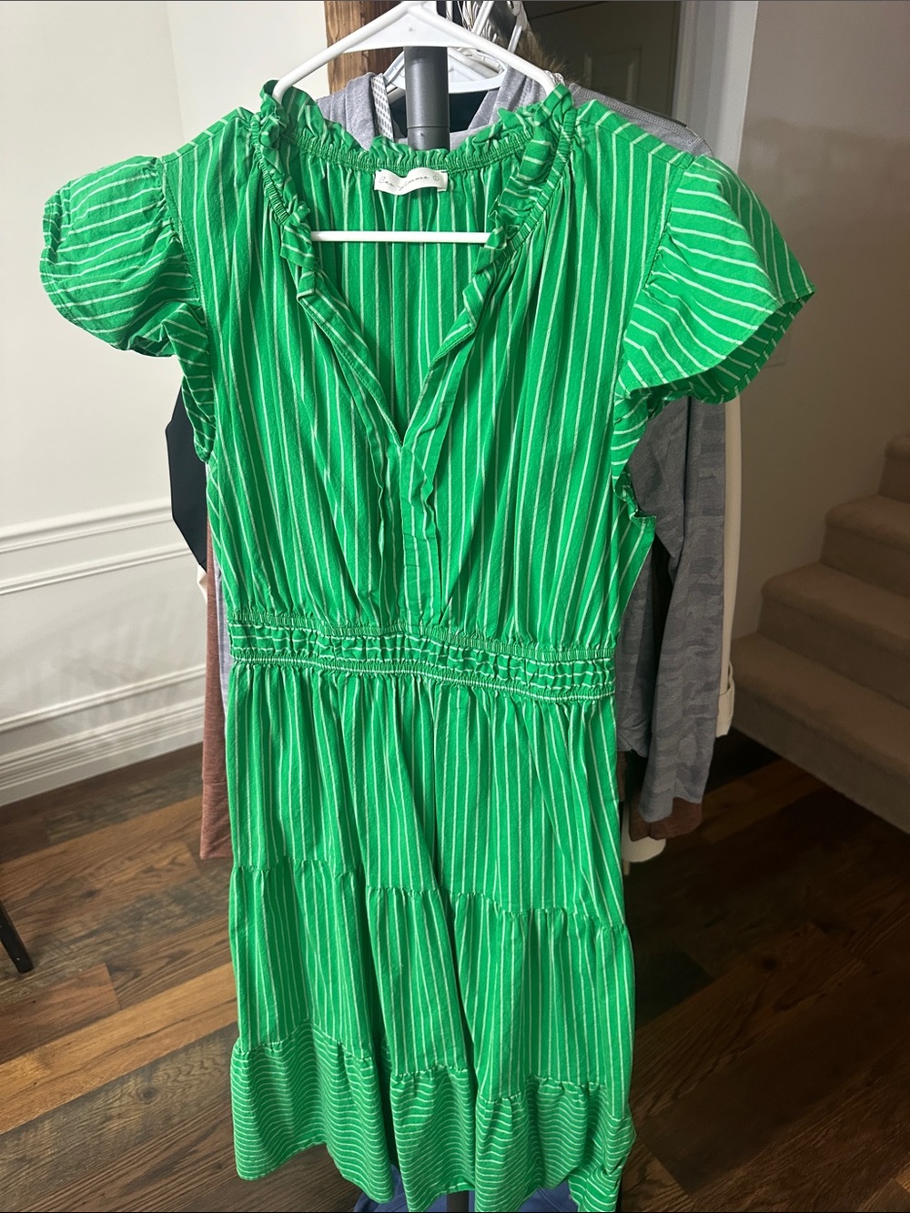 Ces Femme Green and White Striped Tiered V-Neck Dress